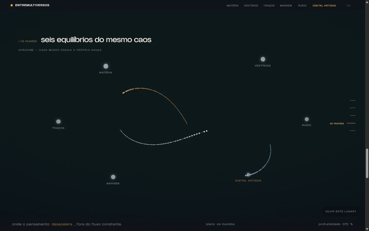 A close-up of the entreMultiversos map, showing world names and the three bodies’ trails.