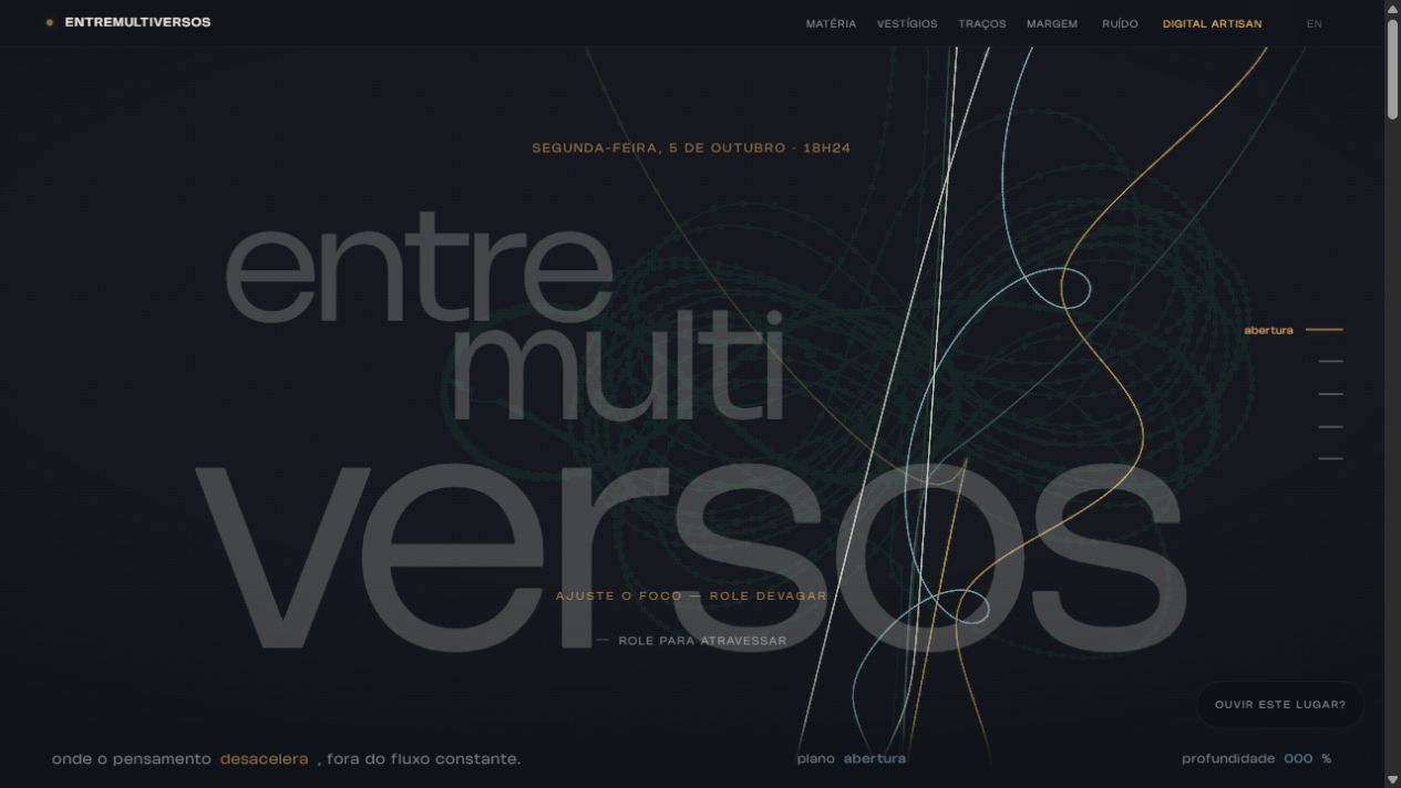 The live entreMultiversos opening, with its large wordmark over the fine trails of three moving bodies.