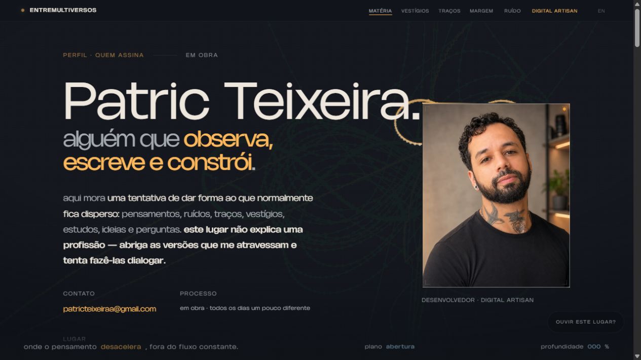 The Matéria page, with Patric’s portrait, his own writing and the same field in the background.