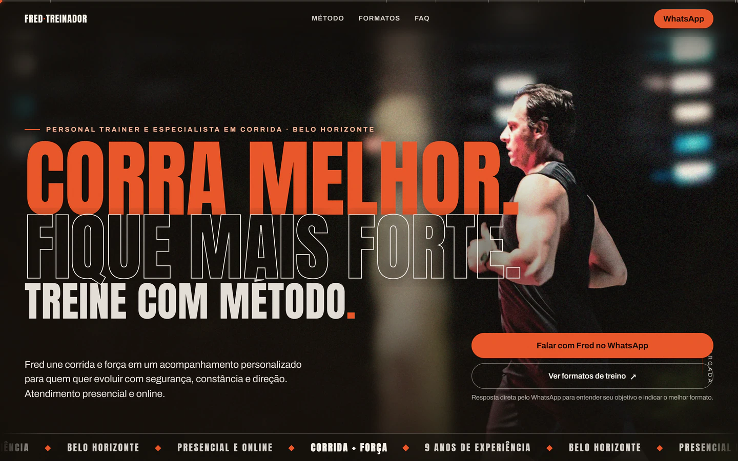 Página de Fred Coura com tipografia condensada e fotografia do treinador.
