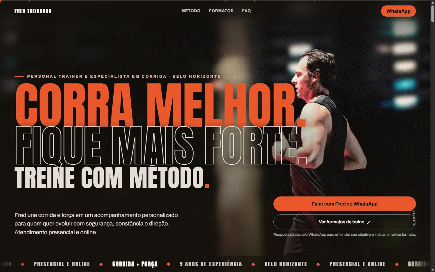 The opening of Fred Coura’s website, with condensed typography and a portrait of the coach.