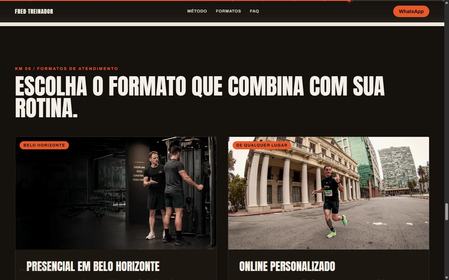 Os formatos presencial e online no site de Fred Coura, apresentados lado a lado.