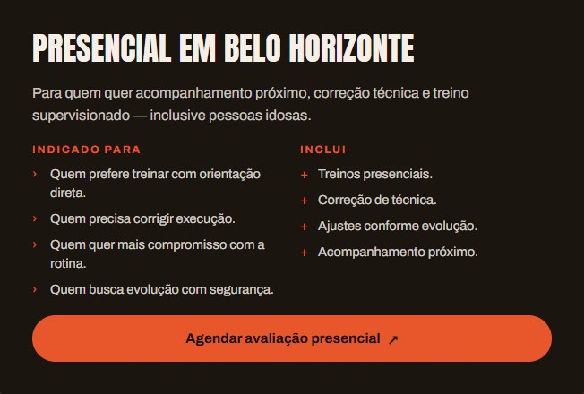 Fred Coura’s in-person option, with included services and a link to an assessment in Belo Horizonte.