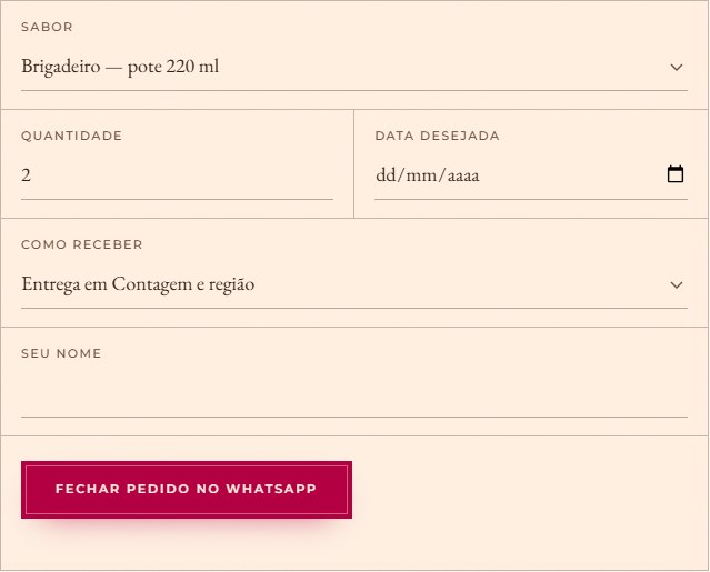 MC Doceria’s order form, with flavor, quantity, date and delivery or pickup options.