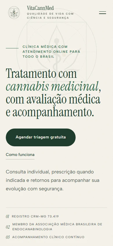 Apresentação da VitaCannMed no celular, mantendo a hierarquia do título e o acesso ao agendamento.