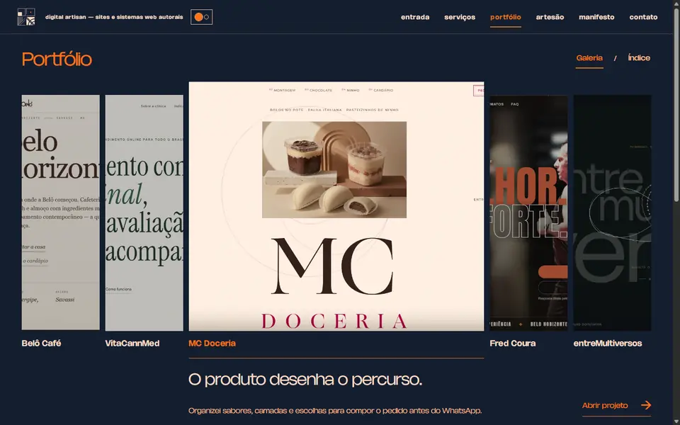 Galeria em faixas verticais, com a MC Doceria aberta ao centro.